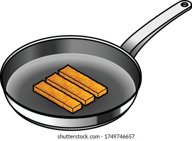 A non-stick frying pan with three crumbed fish fingers.