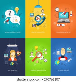 Nonstop computer technical support and troubleshooting mini poster set multicolored isolated vector illustration