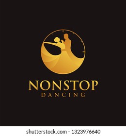nonstop dancing couple logo, dancing in a clock logo icon vector template on black background