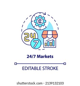 Nonstop markets concept icon. Crypto-currency respective strength abstract idea thin line illustration. Trading market. Isolated outline drawing. Editable stroke. Arial, Myriad Pro-Bold fonts used