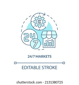 Nonstop markets turquoise concept icon. Crypto-currency respective strength abstract idea thin line illustration. Isolated outline drawing. Editable stroke. Arial, Myriad Pro-Bold fonts used