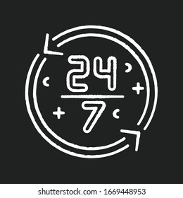 Nonstop service chalk white icon on black background. 24 7 hours store. All week open shop. All day available ATM. Around the clock work. Commerce service. Isolated vector chalkboard illustration