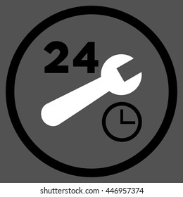 Nonstop Service Hours vector bicolor icon. Image style is a flat icon symbol inside a circle, black and white colors, gray background.