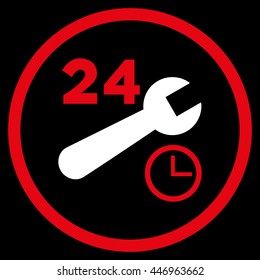 Nonstop Service Hours vector bicolor icon. Image style is a flat icon symbol inside a circle, red and white colors, black background.