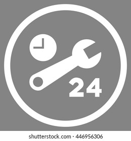 Nonstop Service Hours vector icon. Image style is a flat icon symbol inside a circle, white color, gray background.