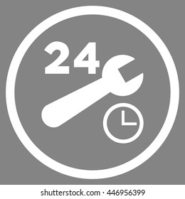 Nonstop Service Hours vector icon. Image style is a flat icon symbol inside a circle, white color, gray background.