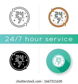 Nonstop service icon. 24 7 hours store. All week open shop. All day available ATM. Around the clock work. Watch dial. Linear black and RGB color styles. Isolated vector illustrations