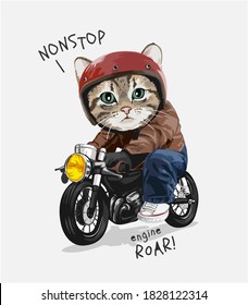 nonstop slogan cute cat riding motorcycle illustration