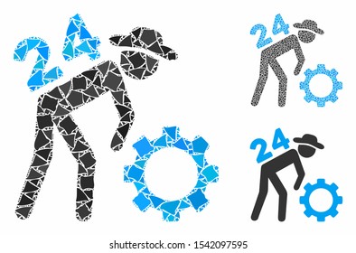 Nonstop working person composition of bumpy elements in various sizes and shades, based on nonstop working person icon. Vector raggy elements are united into collage.