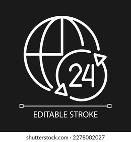 Nonstop worldwide support service pixel perfect white linear icon for dark theme. Round hour help. Thin line illustration. Isolated symbol for night mode. Editable stroke. Arial font used