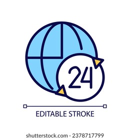 Nonstop worldwide support service pixel perfect RGB color icon. Constant online customer assistance. Isolated vector illustration. Simple filled line drawing. Editable stroke. Arial font used