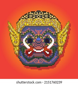 Nonthayak head pixel art icon, Thai mask, Travel in thailand, Isolated vector illustration. 8-bit sprite.