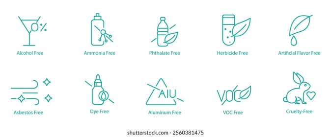 Non-Toxic and Ethical Icon Set – Alcohol, Ammonia, Phthalate, Herbicide, Artificial Flavors, Asbestos, Dye, Aluminum, POC, and Cruelty Free Vector Icons