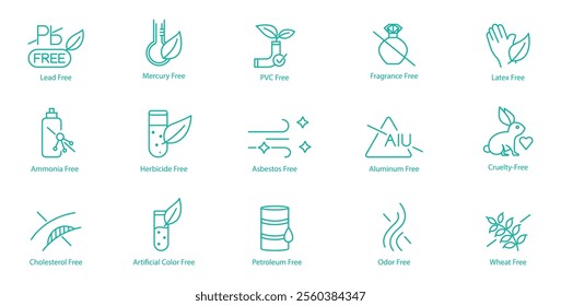 Non-Toxic and Ethical Icon Set – Lead, Mercury, PVC, Fragrance, Latex, Ammonia, Herbicide, Asbestos, Aluminum, Cruelty, Cholesterol, Artificial Colors, Petroleum, Odor, and Weed Free Vector Icons