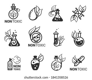 Non-toxic, hypoallergenic bold black silhouette and line icons set isolated on white. Eco friendly, organic food pictograms, labels collection. Natural cosmetic, bio template, vector elements for web.