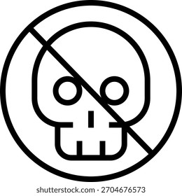 Icono de línea no tóxica con cráneo y cruz diagonal para productos seguros y saludables