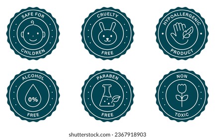 Non-Toxic, Paraben Free, Alcohol-Free Sticker Collection. Organic Natural Product Stamp Set. Cruelty-Free, Hypoallergenic, Safe For Children Product Label. Isolated Vector Illustration.