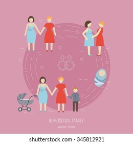 Nontraditional family flat icons composition lesbian homosexual couples. Happy  gay couple with children. Vector illustration.