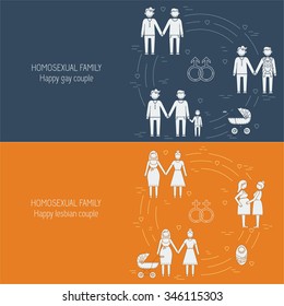 Nontraditional family line icons composition gay and lesbian homosexual couples. Vector illustration.