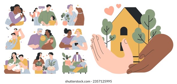 non-traditional family relationships set. Modern happy loving family or family structure. Care, trust and support. Close and sweet communication between humans and pets. Flat vector illustration.