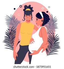 Non-traditional family. A woman hugs her pregnant wife.Two homosexual women rejoice that they will have a baby. Female lgbt couple. Vector illustration