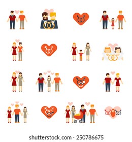 Nontraditional homosexual lesbians partners and gays couples wedding and parenting flat icons set abstract isolated vector illustrations