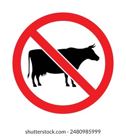 No Vegetariano prohibido prohibir icono rojo sin carne de res, vaca y búfalo comer símbolo prohibido. No animales carne que contiene comida, para comida vegana, comida halal, vegetariana.