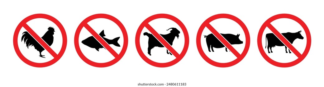Non-vegetarian prohibited red ban symbol with beef, pig, goat, fish and chicken meat forbidden icon set. Non-veg ban icons collection.