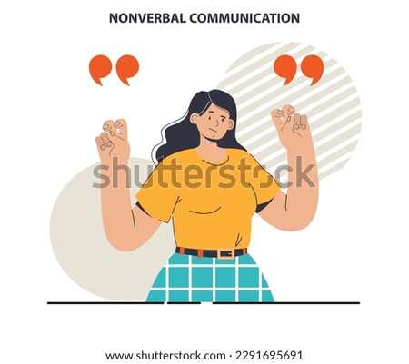 Non-verbal communication. Air quotes gesture. Body language through interpersonal conversation. Gesturing and facial expression. Flat vector illustration Stock photo © 