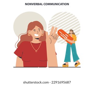 Comunicación no verbal. El lenguaje corporal a través de la conversación interpersonal. Gesto y expresión facial. Ilustración vectorial plana