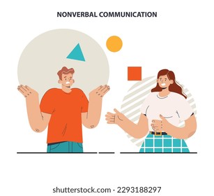 Non-verbal communication. Body language through interpersonal conversation. Gesturing and facial expression. Flat vector illustration