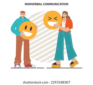 Comunicación no verbal. El lenguaje corporal a través de la conversación interpersonal. Gesto y expresión facial. Ilustración vectorial plana