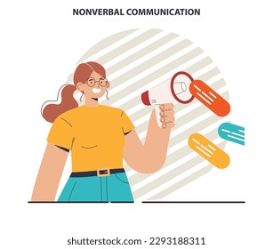 Comunicación no verbal. Personaje haciendo un anuncio con altavoz. El lenguaje corporal a través de la conversación interpersonal. Gesto y expresión facial. Ilustración vectorial plana