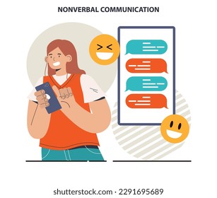 Comunicación no verbal. Personaje enviando textos con emojis a través de las redes sociales . El lenguaje corporal a través de la conversación interpersonal. Gesto y expresión facial. Ilustración vectorial plana