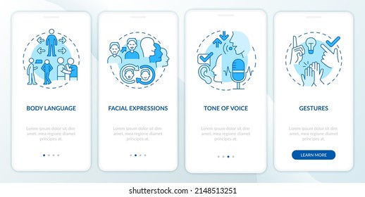 Nonverbal communication examples blue onboarding mobile app screen. Walkthrough 4 steps graphic instructions pages with linear concepts. UI, UX, GUI template. Myriad Pro-Bold, Regular fonts used