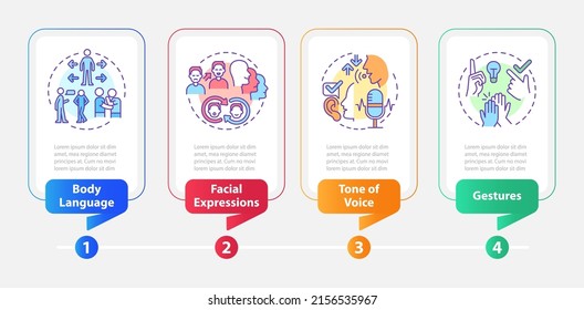 Nonverbal communication examples rectangle infographic template. Data visualization with 4 steps. Process timeline info chart. Workflow layout with line icons. Myriad Pro-Bold, Regular fonts used