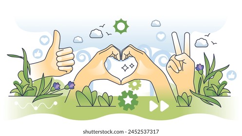 Nonverbal communication with hand gestures outline hands concept. Feelings and emotion expression with signs and signals vector illustration. Information exchange with peace, love and like symbols.