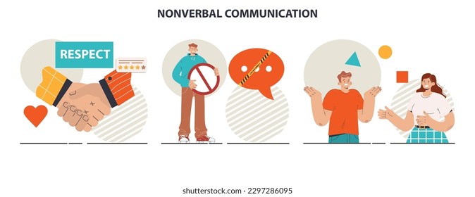 Conjunto de comunicaciones no verbales. El lenguaje corporal a través de la conversación interpersonal. Gesto y expresión facial. Ilustración vectorial plana