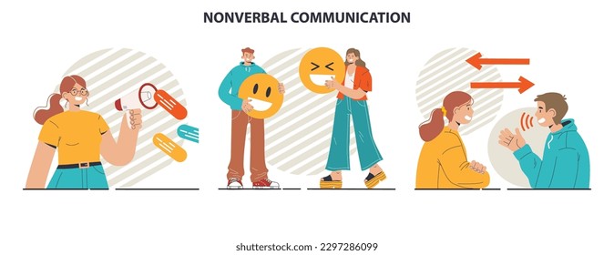 Conjunto de comunicaciones no verbales. El lenguaje corporal a través de la conversación interpersonal. Gesto y expresión facial. Ilustración vectorial plana