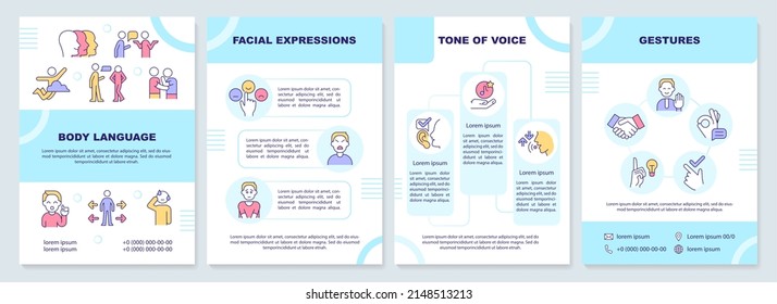 Non-verbal communication turquoise brochure template. Tone of voice. Leaflet design with linear icons. 4 vector layouts for presentation, annual reports. Arial-Black, Myriad Pro-Regular fonts used