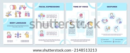 Non-verbal communication turquoise brochure template. Tone of voice. Leaflet design with linear icons. 4 vector layouts for presentation, annual reports. Arial-Black, Myriad Pro-Regular fonts used