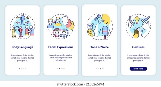 Non-verbal communication types onboarding mobile app screen. Gestures walkthrough 4 steps graphic instructions pages with linear concepts. UI, UX, GUI template. Myriad Pro-Bold, Regular fonts used