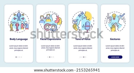 Non-verbal communication types onboarding mobile app screen. Gestures walkthrough 4 steps graphic instructions pages with linear concepts. UI, UX, GUI template. Myriad Pro-Bold, Regular fonts used Stock photo © 