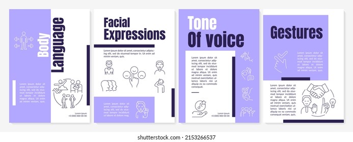 Nonverbal communication types purple brochure template. Body language. Gestures. Leaflet design with linear icons. 4 vector layouts for presentation, annual reports. Anton, Lato-Regular fonts used