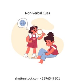 Non-verbal cues concept. Girl with magnifying glass observes distressed child, understanding emotions beyond words. Perception of body signals. Recognizing unspoken feelings. Flat vector illustration