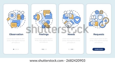Nonviolent communication onboarding mobile app screen. Social networking. Walkthrough 4 steps editable graphic instructions with linear concepts. UI, UX, GUI