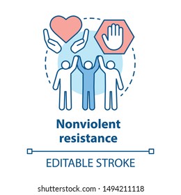 Nonviolent resistance concept icon. Peaceful social protest, public rally, pacifism idea thin line illustration. Protesters, activists holding hands vector isolated outline drawing. Editable stroke