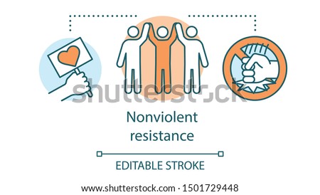 Nonviolent resistance concept icon. Peaceful social protest, pacifism idea thin line illustration. Placard with heart and protesters holding hands vector isolated outline drawing. Editable stroke