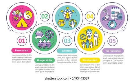 Nonviolent resistance vector infographic template. Business presentation design elements. Data visualization with five steps and options. Process timeline chart. Workflow layout with linear icons