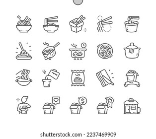 Fideos. La comida asiática. Caja y palillos. Preparando fideos. Menú para la cafetería. Iconos De Línea Delgada De Vector Perfecto De Pixel. Pictograma mínimo simple